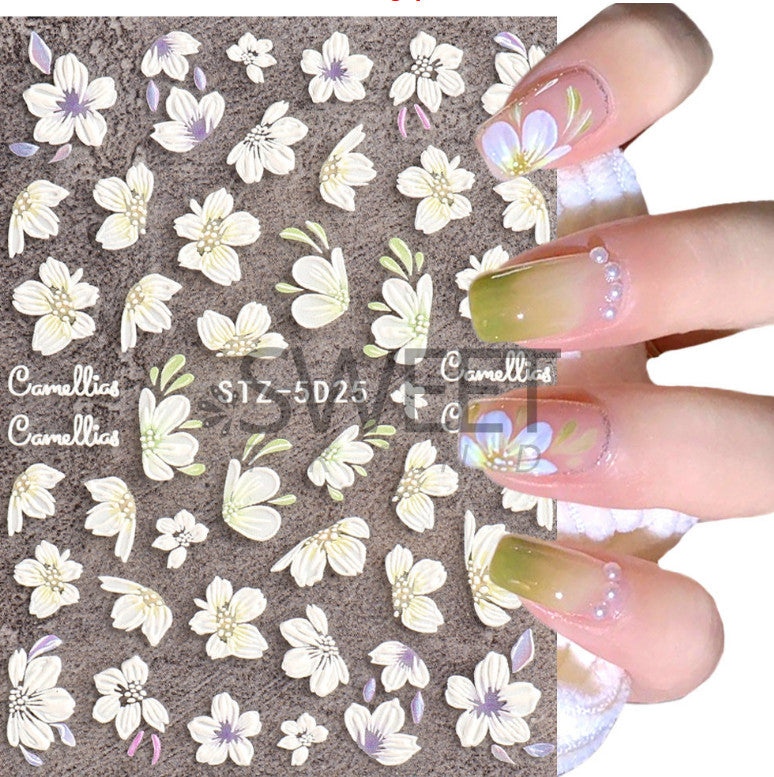 White 5D Embossed Camellia Flower Nail Decals - Manicure Stickers Set