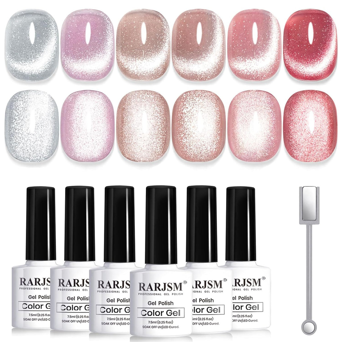 6Pcs Cat Eye Gel Nail Polish Set with Magnetic Sparkle & Glitter