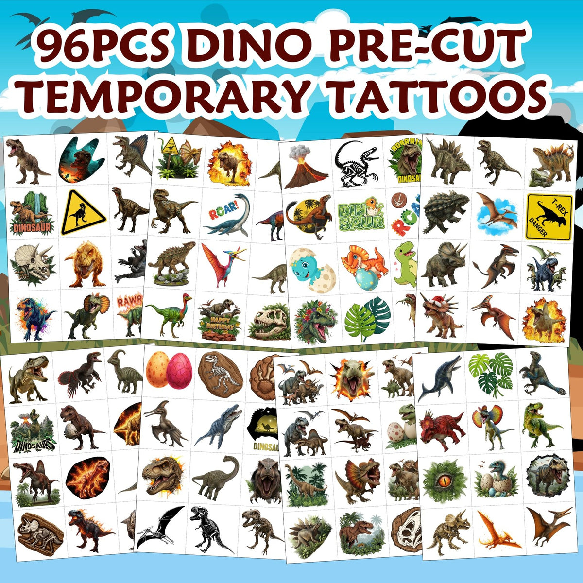 96PCS Dinosaur Temporary Tattoos – Medium, Non-Toxic & Easy Peel