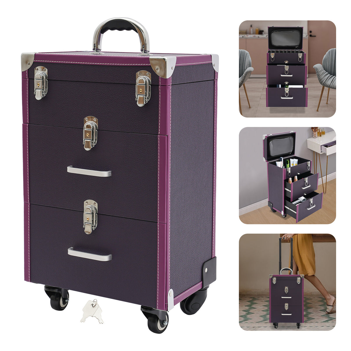 Lockable 3-Layer Rolling Makeup Case with Wheels and Organizer