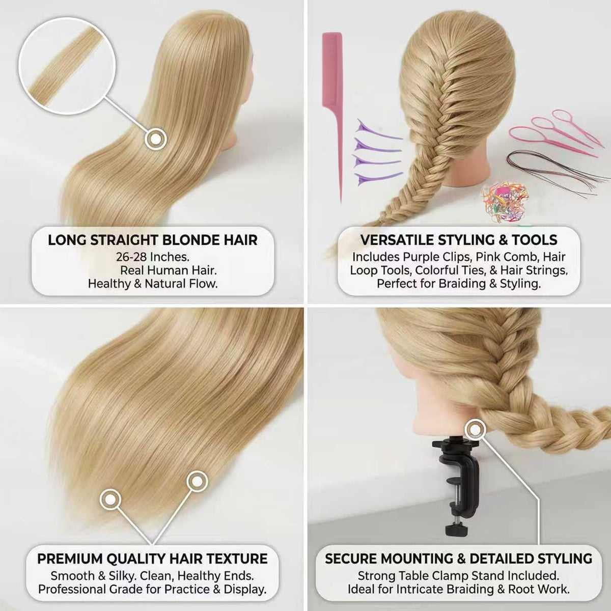 26 Inch Human Hair Mannequin Head for Hair Styling Practice and Braiding