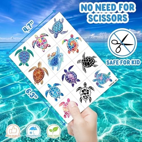 60-Count Turtle Temporary Tattoos for Kids - Pre-Cut Ocean Animal Sticker Set