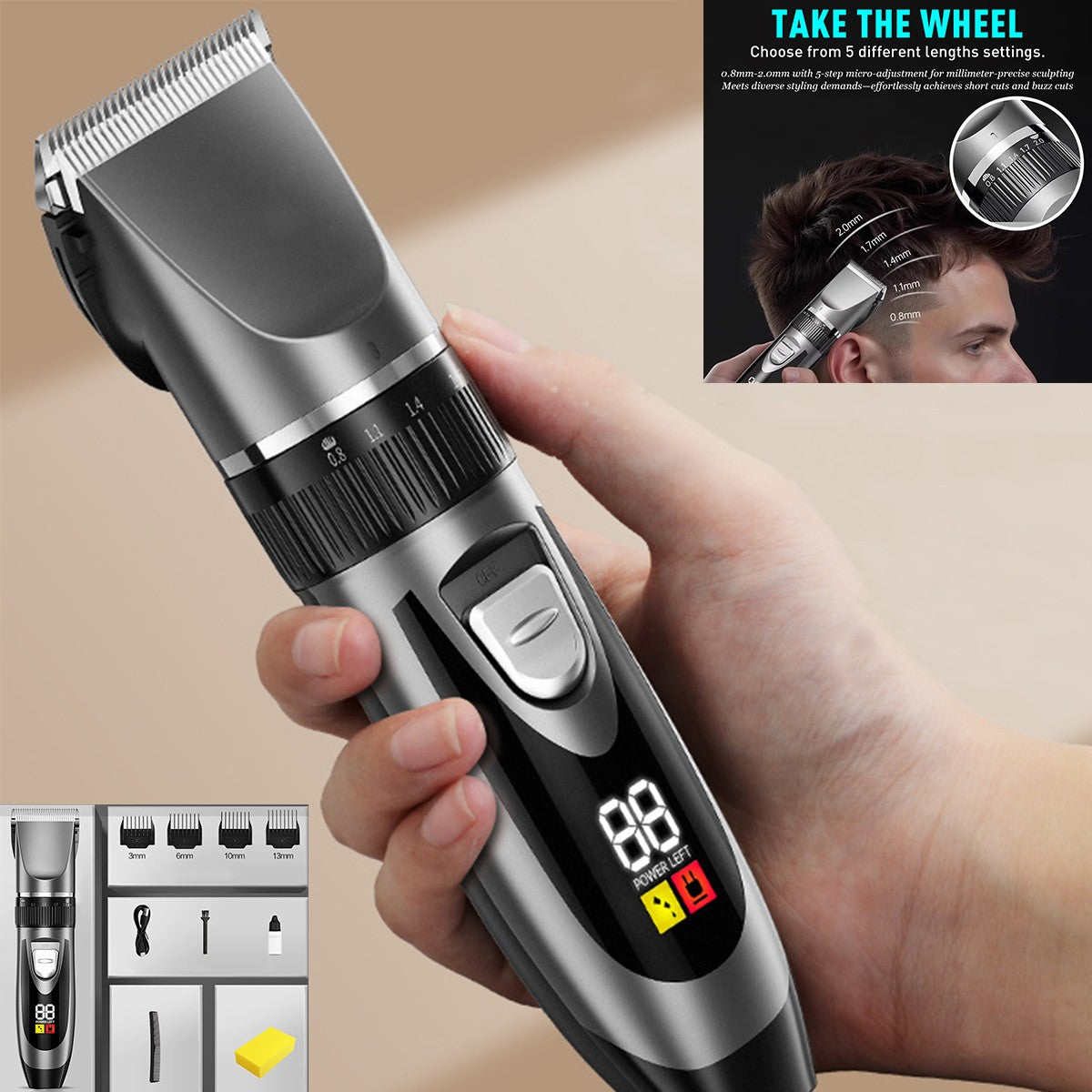Cordless Rechargeable Hair Clippers Kit with LCD Display & Adjustable Length
