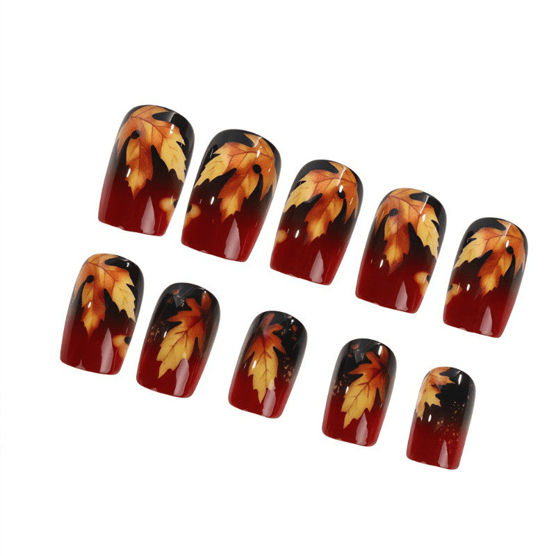 48 Pcs Maple Leaf Short Square Fake Nails - Vintage Autumn Press-On Manicure