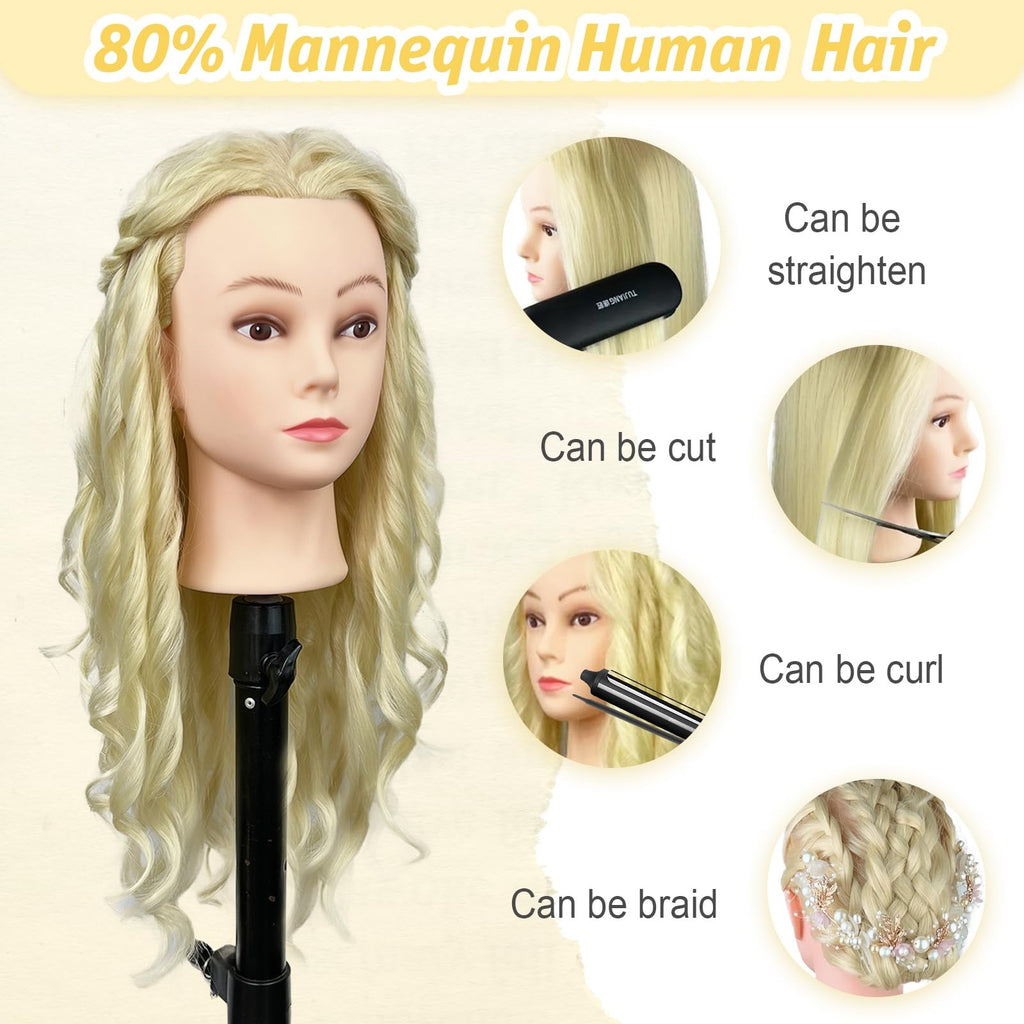 Mannequin Head with 80% Human Hair for Cosmetology Hair Styling Practice