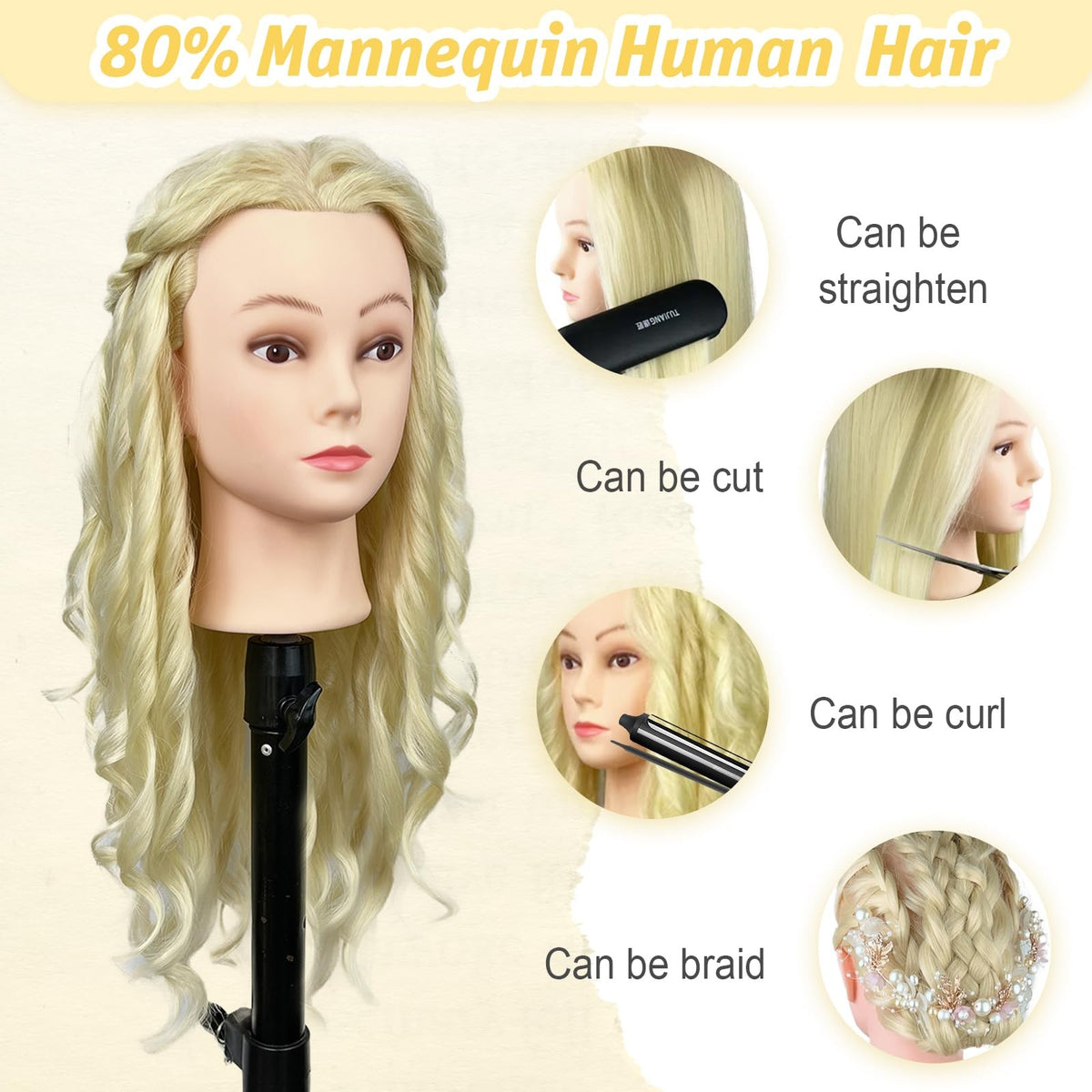 Mannequin Head with 80% Human Hair for Cosmetology Hair Styling Practice