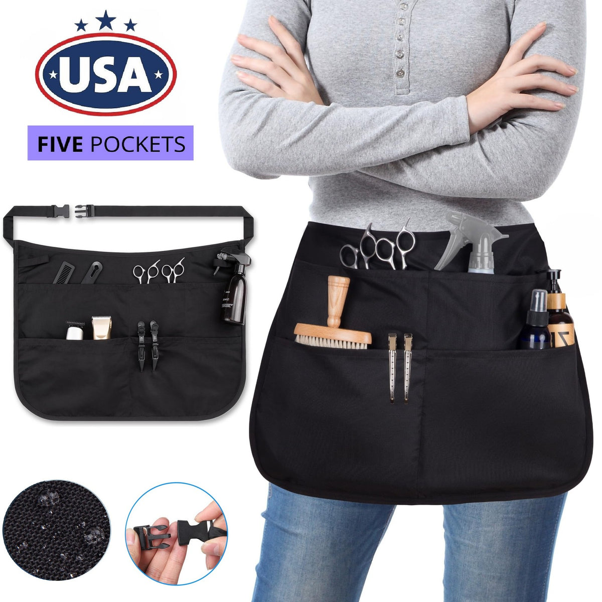 Waterproof Hair Stylist Apron with 5 Pockets, Adjustable Half Waist Salon Apron