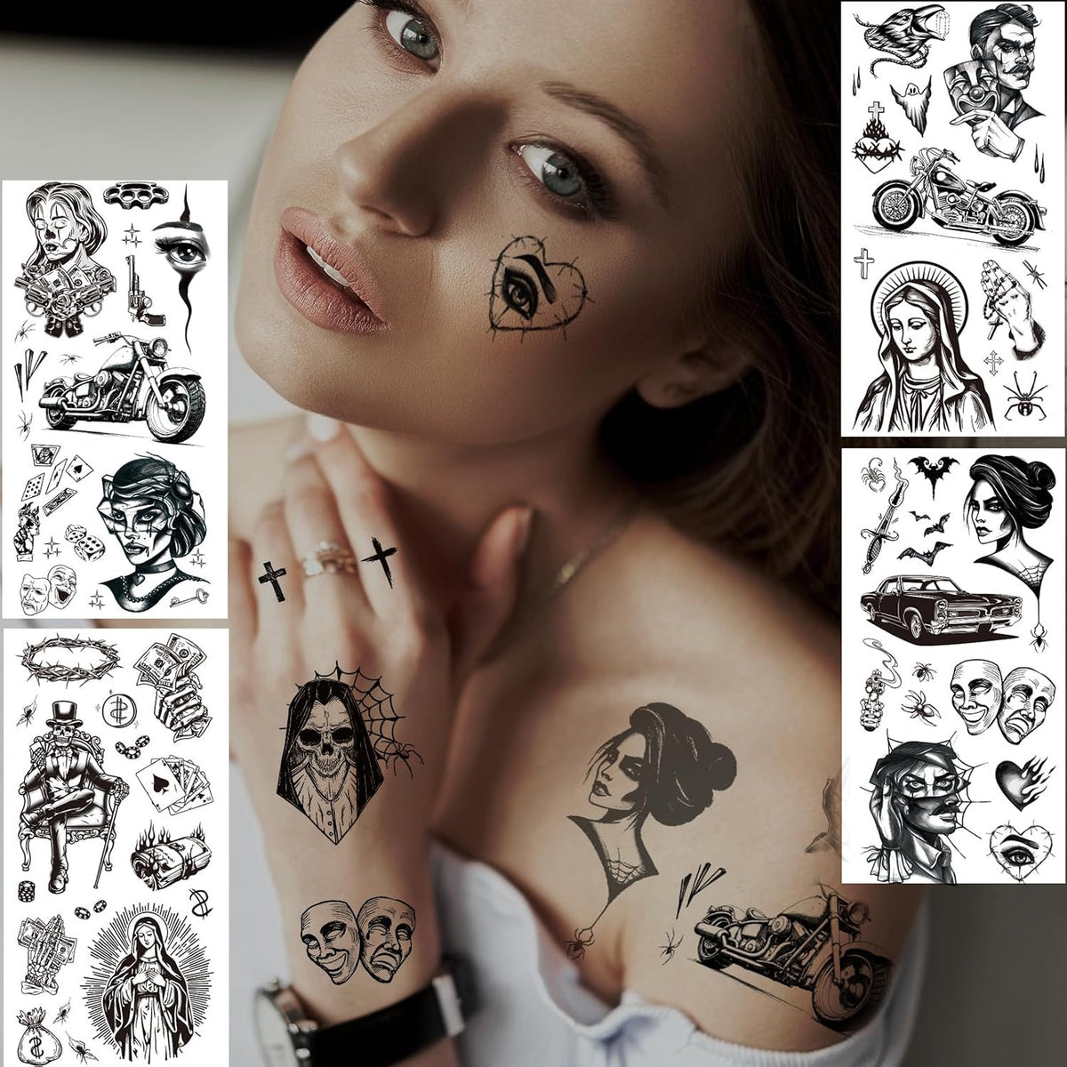 Temporary Tattoos Kit 12 Sheets Halloween Chicano Cholo Chola 110+ Designs Waterproof