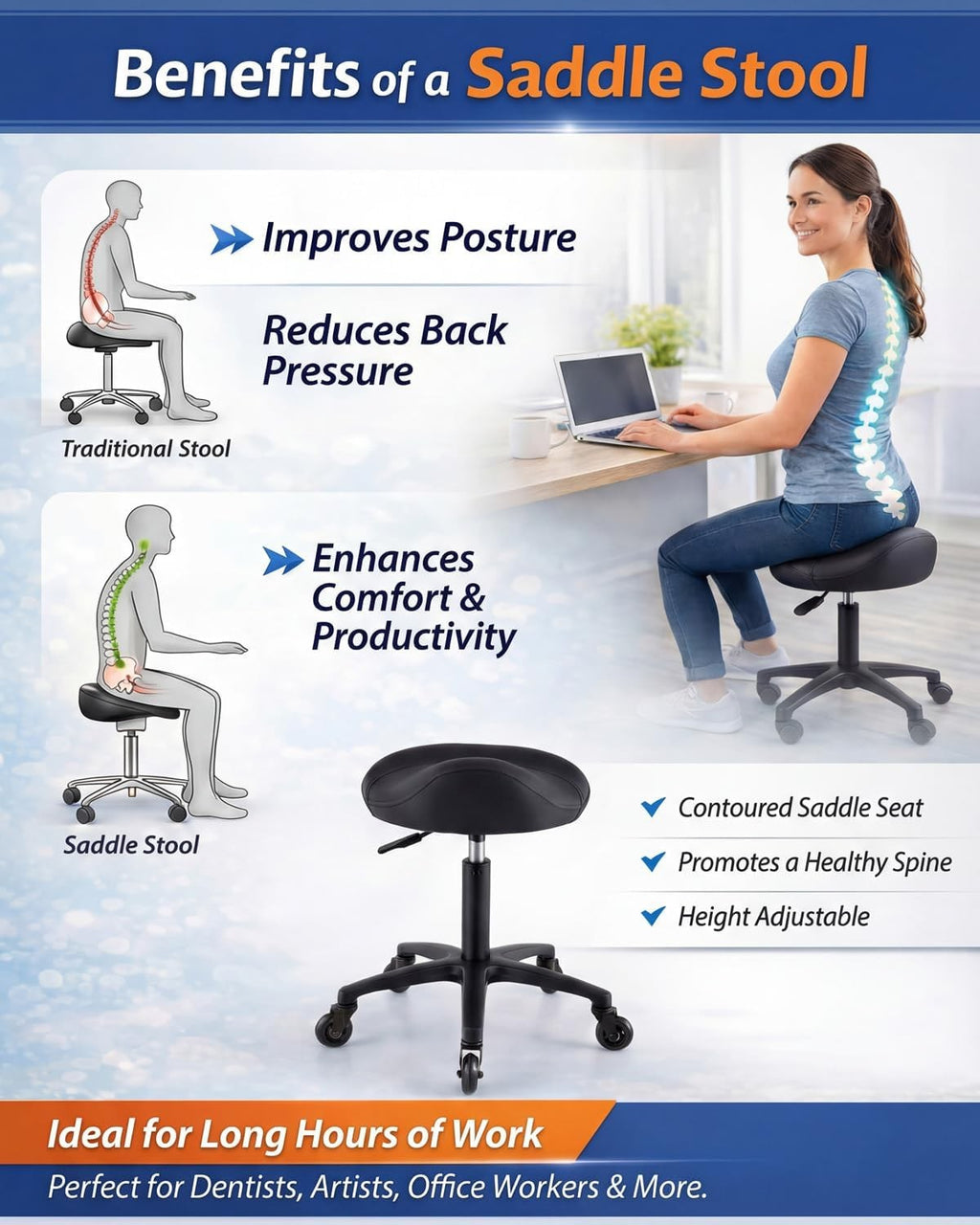 Black Hydraulic Salon Saddle Stool with 360° Swivel for Hair & Tattoo Chairs