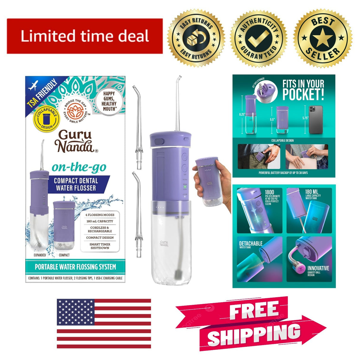 Portable Cordless Water Flosser with Smart Timer & Detachable Tank Lavender
