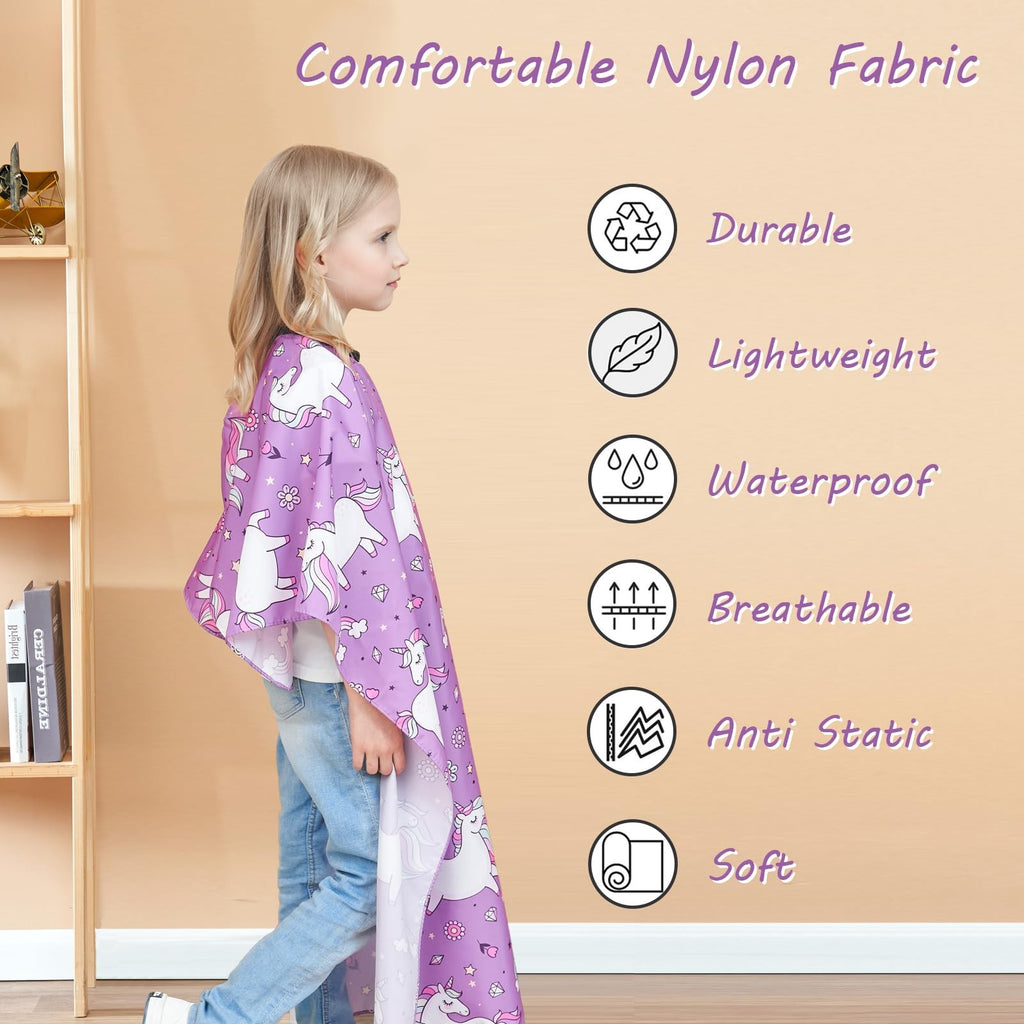 Kids Hair Cutting Cape with Adjustable Neck Strap and Unicorn Pattern - 51 x 36 Inch, Purple
