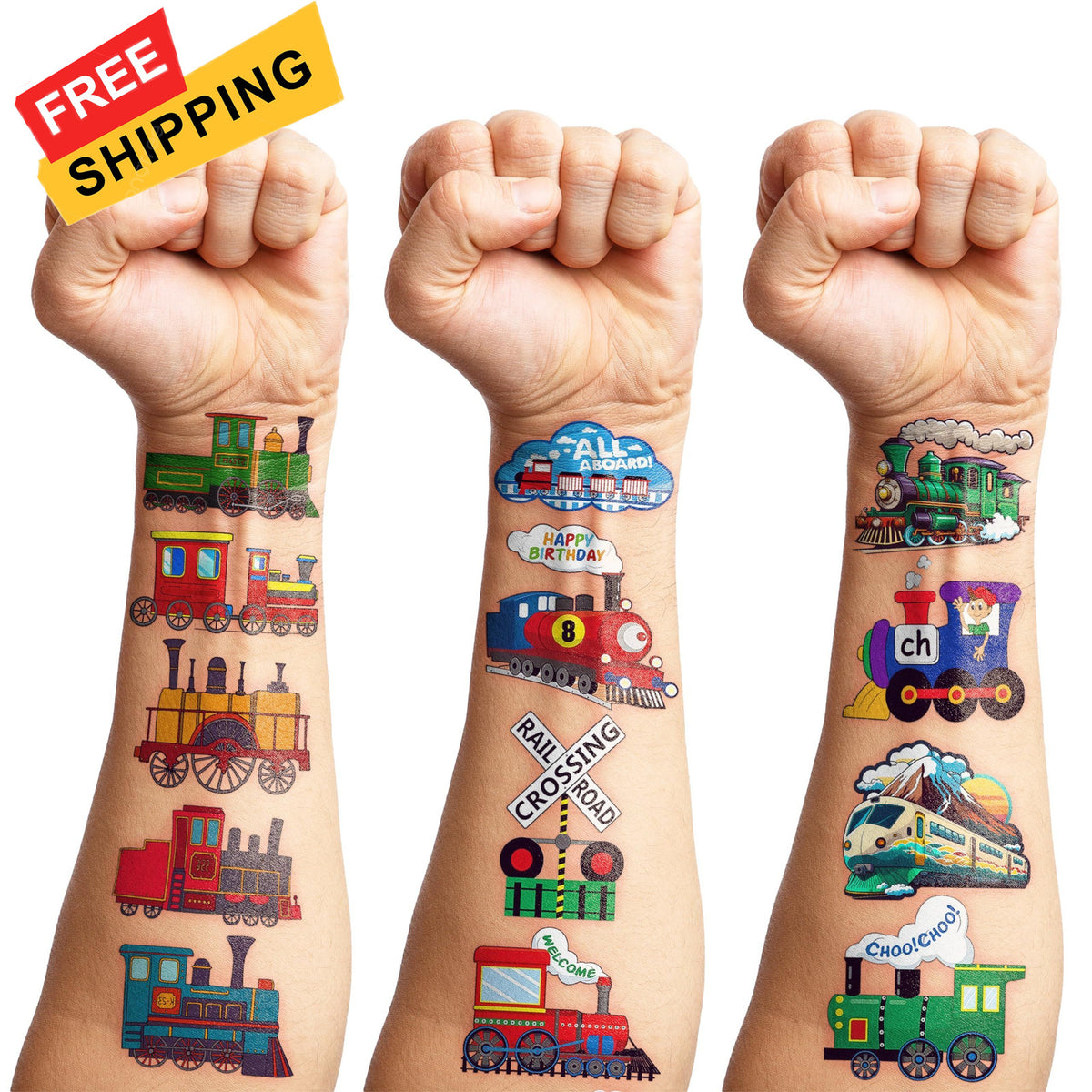 Train Temporary Tattoos for Kids - 96 Pack Multicolor Sheets, 8 Sheets