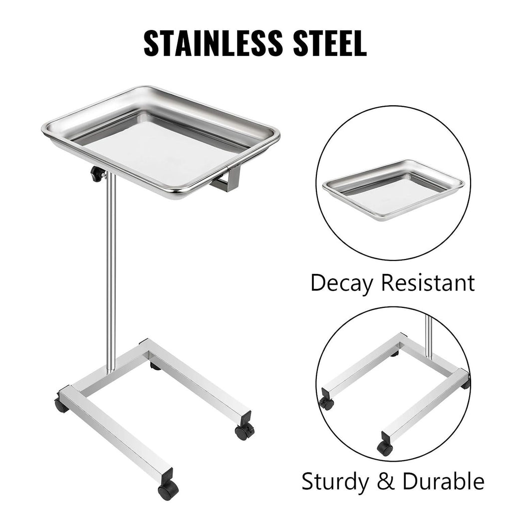 18x14 Stainless Steel Mayo Tray Stand with Swivel Wheels for Medical & Salon Use