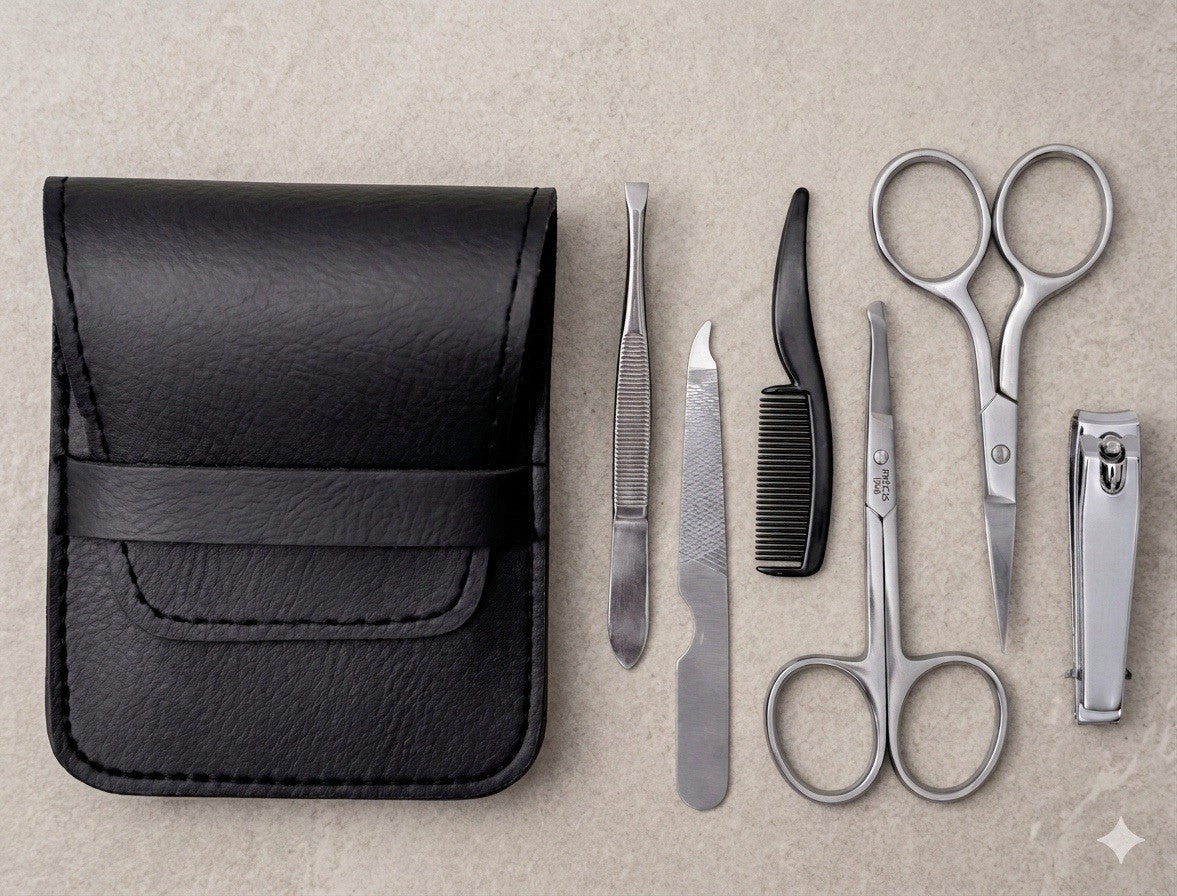 Men's Beard & Nose Hair Grooming Travel Set with Scissors Comb & Bag