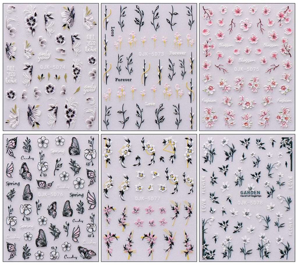 Spring Flower Nail Art Stickers Set - 6 Sheets Self-Adhesive 3D Embossed Decals