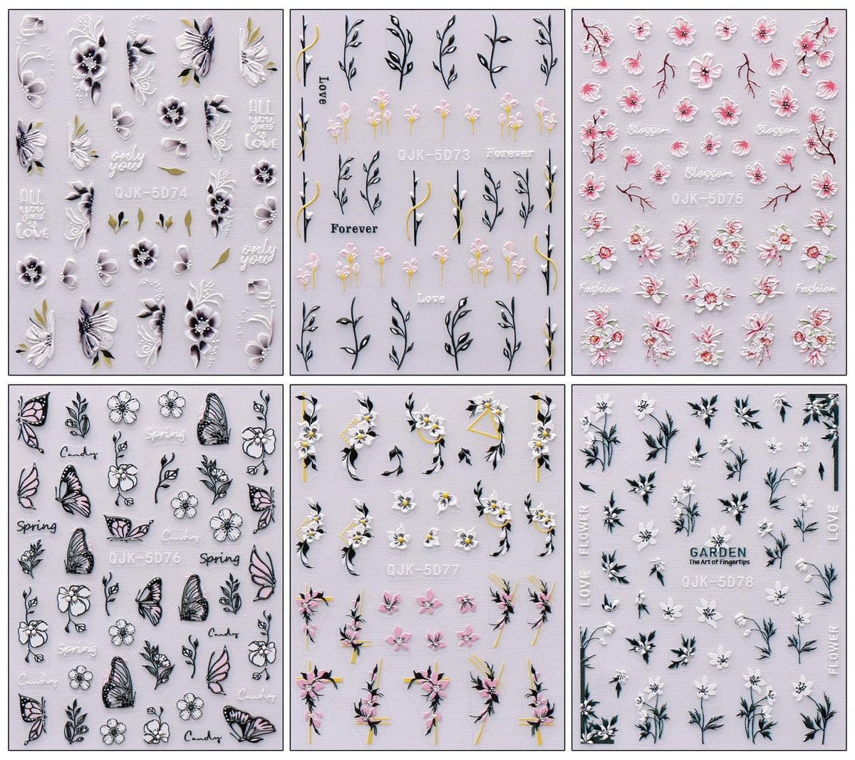 Spring Flower Nail Art Stickers Set - 6 Sheets Self-Adhesive 3D Embossed Decals