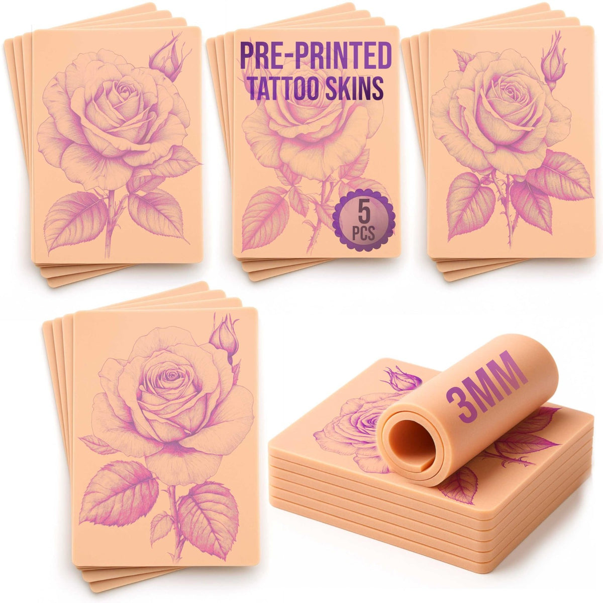 Tattoo Practice Skins 5 Pack - Pre-Printed 3mm Silicone Skin for Tattooing with Free Tutorial