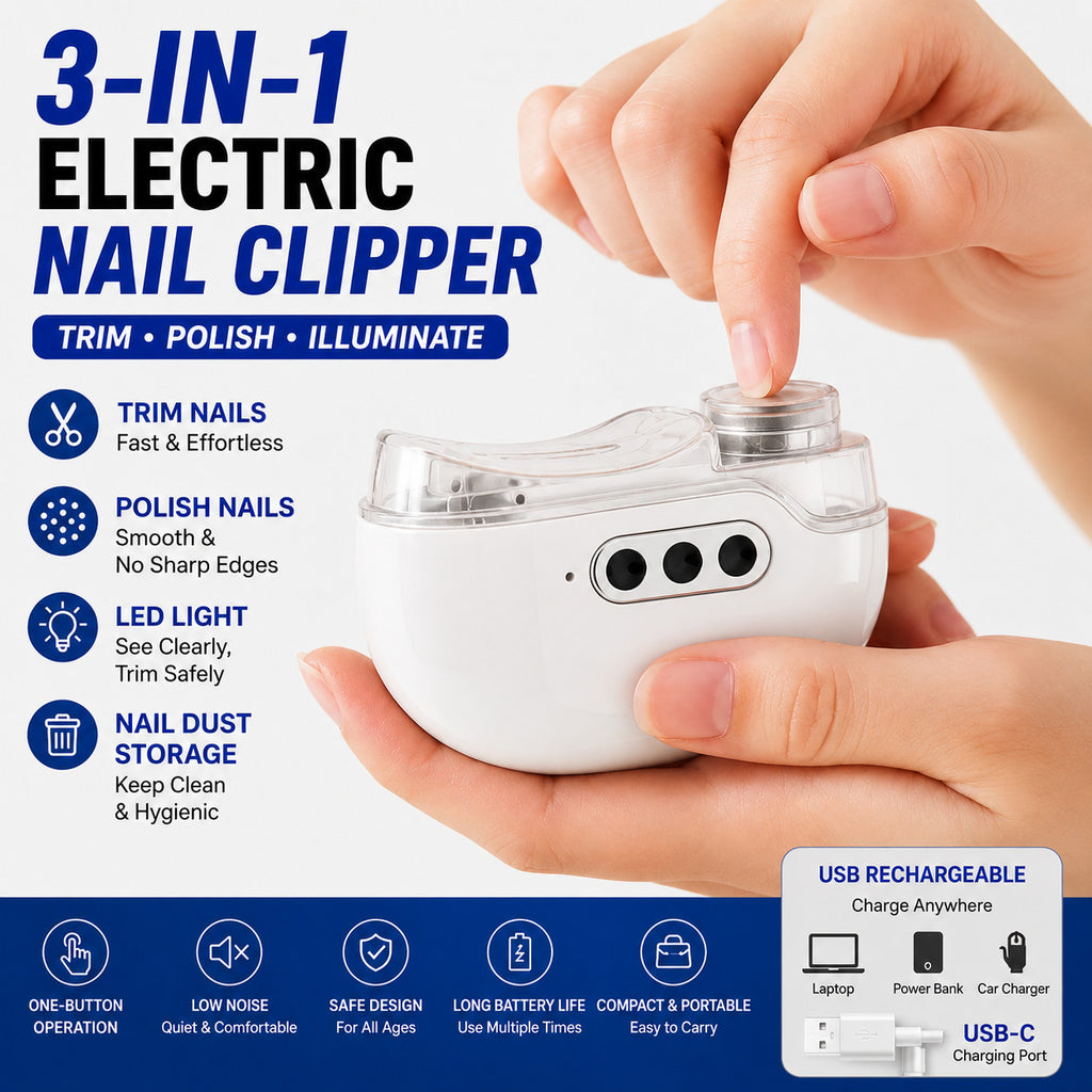 Electric Nail Clipper 3-in-1 USB Rechargeable Auto Nail Trimmer with LED Light