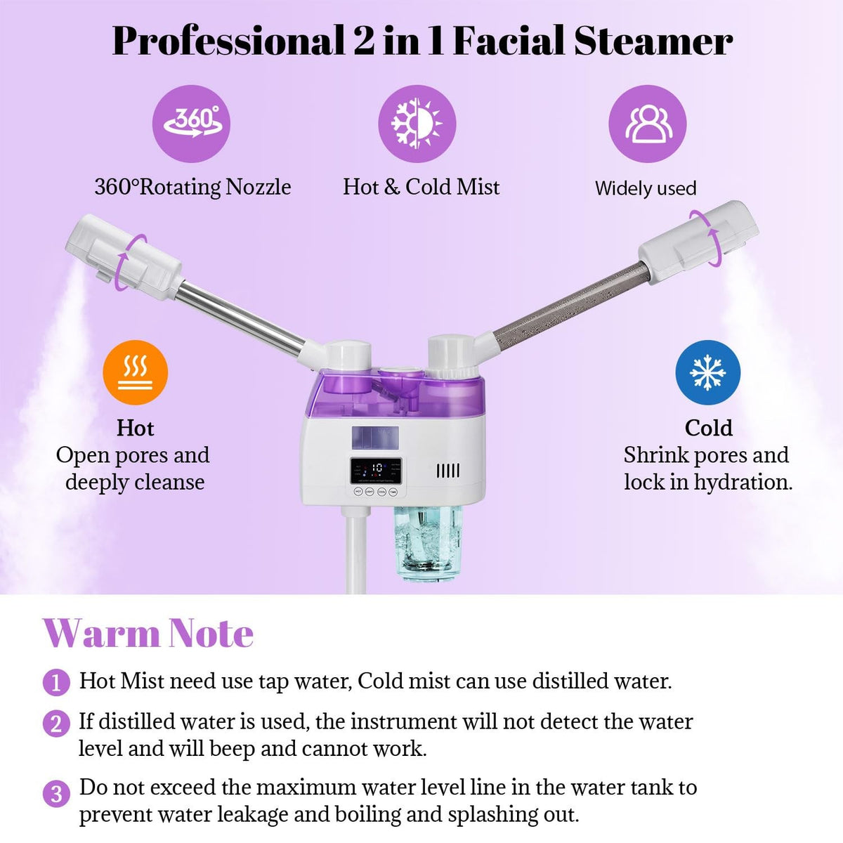 Professional 2-in-1 Facial Steamer with Double Nozzles - Purple