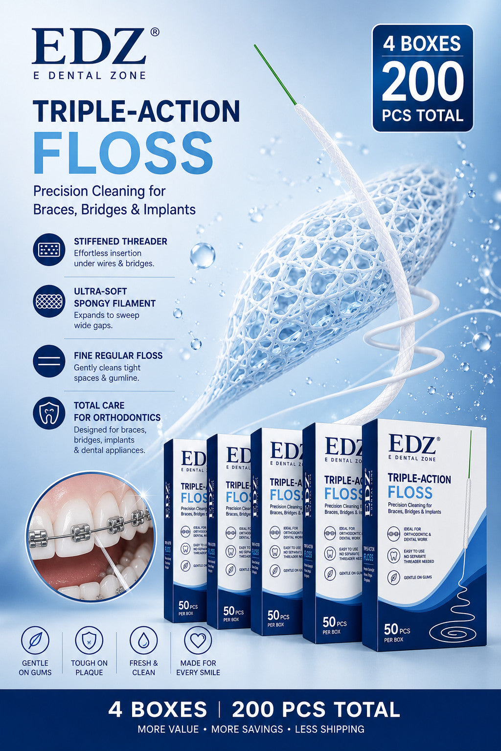 Orthodontic Dental Floss for Braces Bridges Implants 200 Count 4 Pack