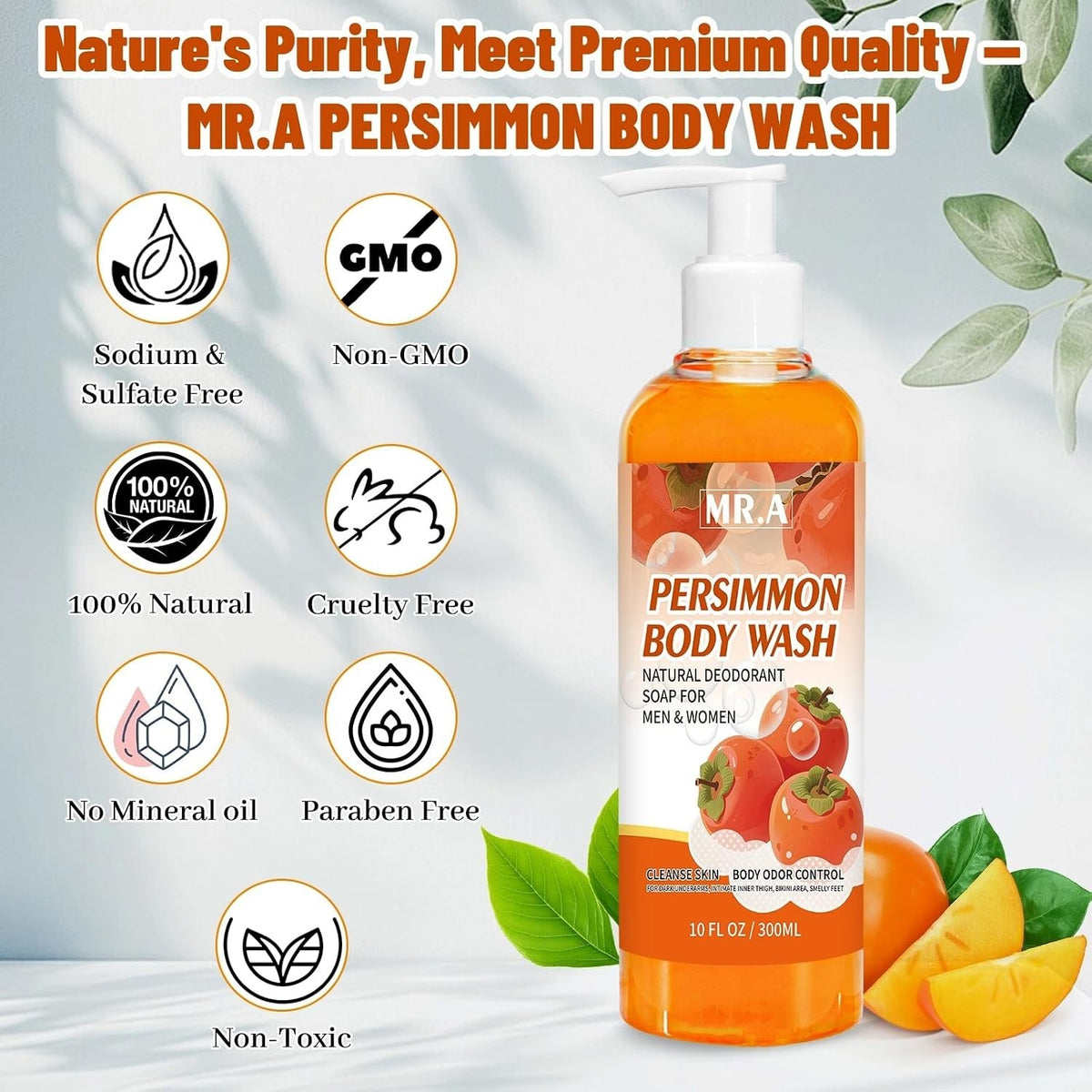 Persimmon Liquid Body Wash - Long-Lasting Odor Eliminator & Gentle Cleanser