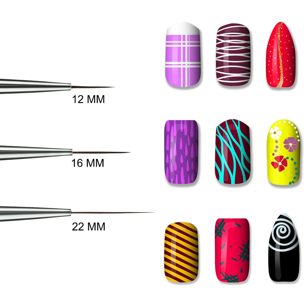 Nail Art Striper Brush Set - Fine Line Drawing & Detailing Tools, 3 Sizes