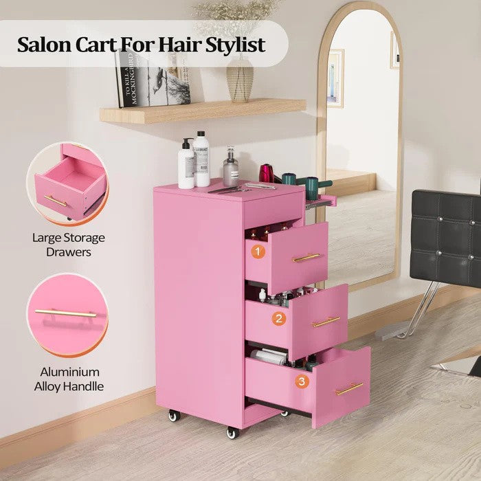 Salon Trolley Cart with Lockable Wheels, 3 Storage Drawers & Tool Rack