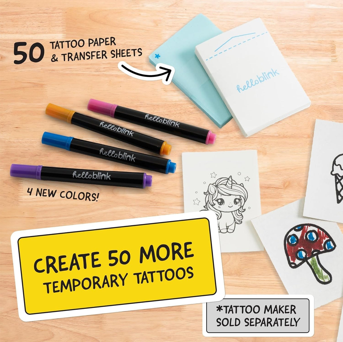 Hello B Tattoo Maker Refill Pack – 50 Tattoos, 4 Cosmetic Markers, 50 Sheets
