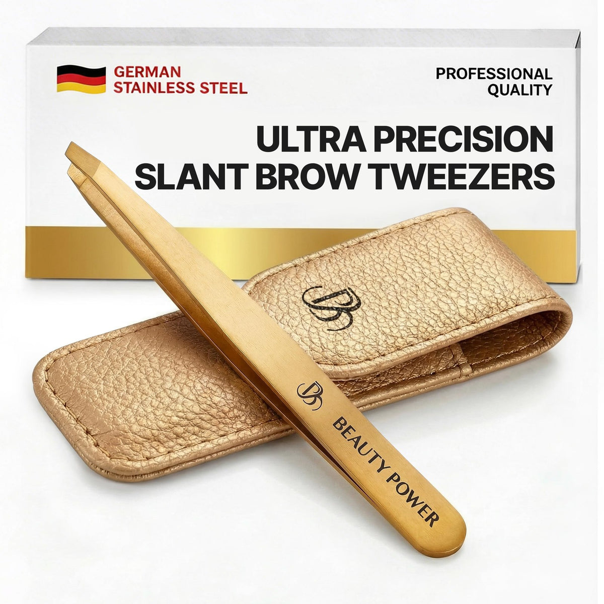 Professional Ultra-Precision Slanted Tweezers - Gold, Fine Point for Eyebrow & Facial Hair