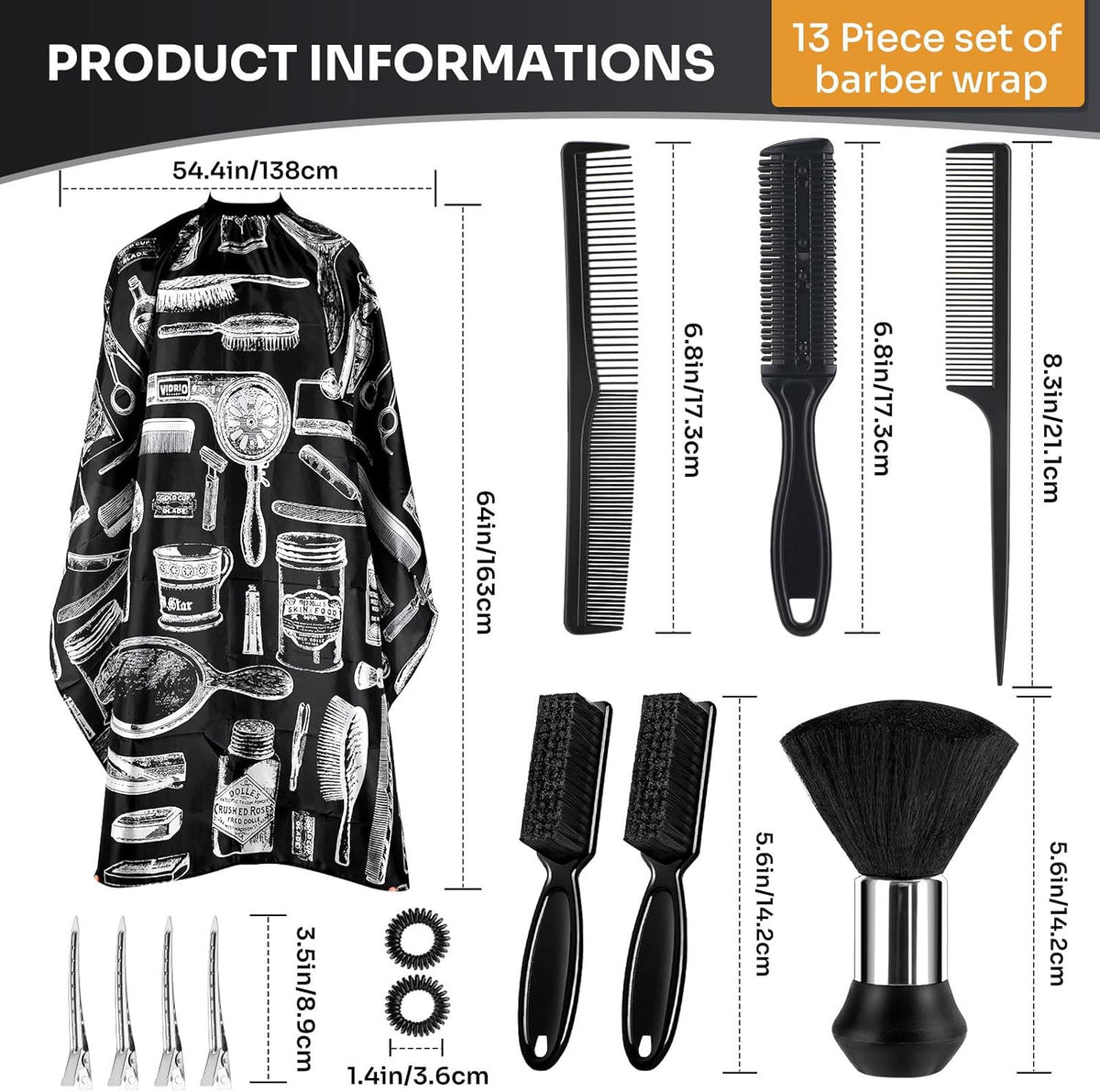 Professional Barber Cape 13Pcs with Neck Duster Brush & Adjustable Fit