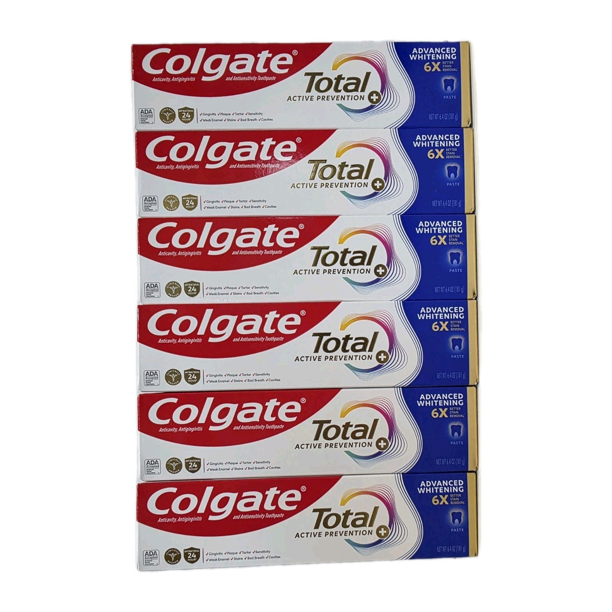 Colgate Total Advanced Whitening Toothpaste 6 Pack - 6.4oz Each, Fluoride Enamel Care