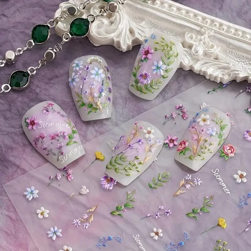 Summer Floral Nail Stickers - 3D Embossed Self-Adhesive Decals for Nails