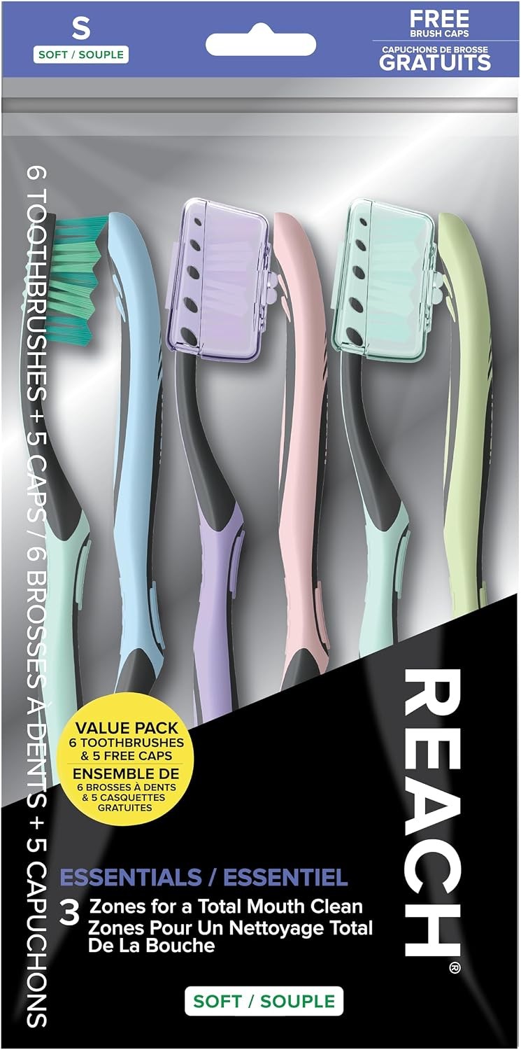 Reach Essential Soft Toothbrushes with Cap - 6 Pack for Family Oral Care