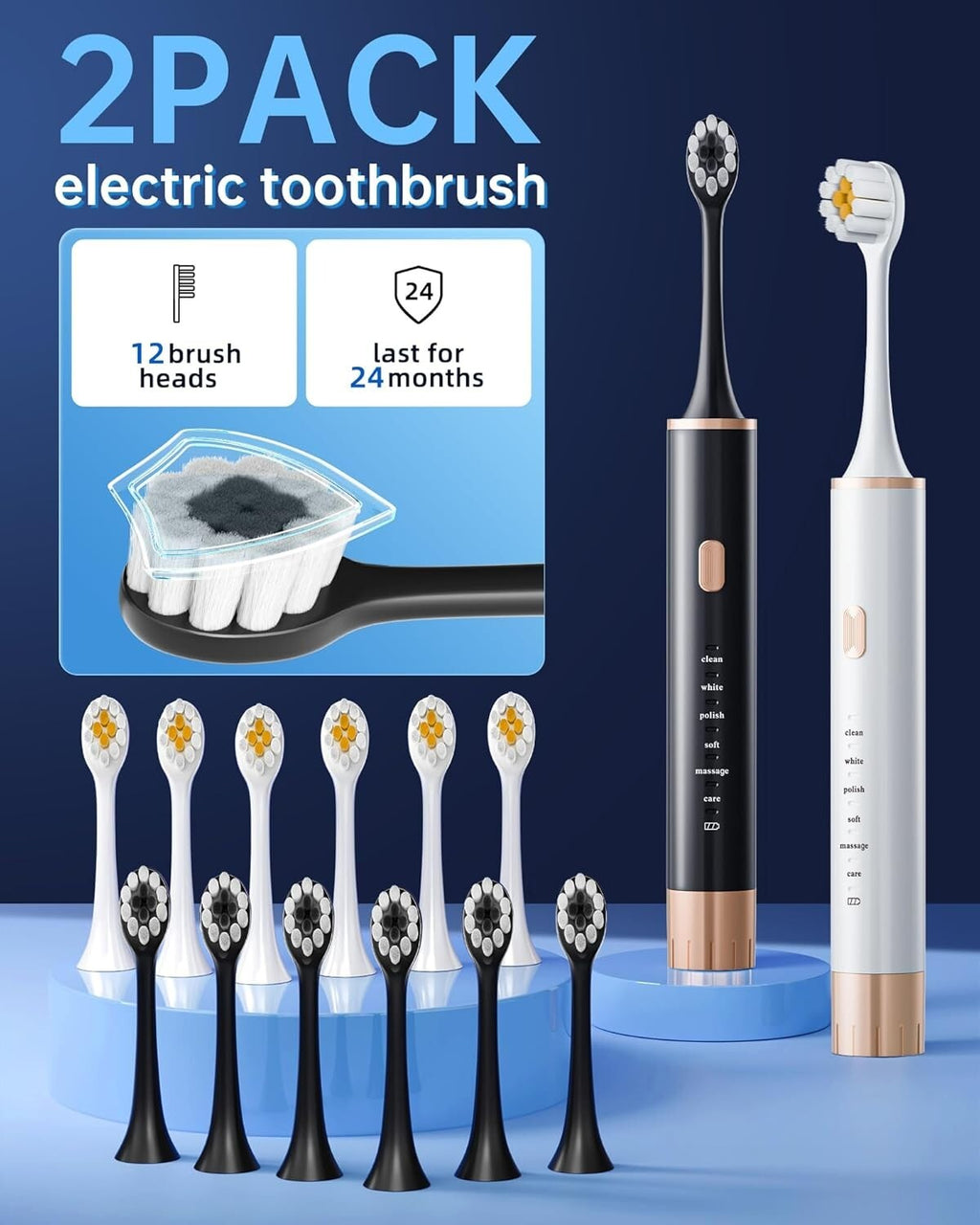 Electric Toothbrush Set with 12 Replacement Heads & 6 Modes - Rechargeable & Waterproof