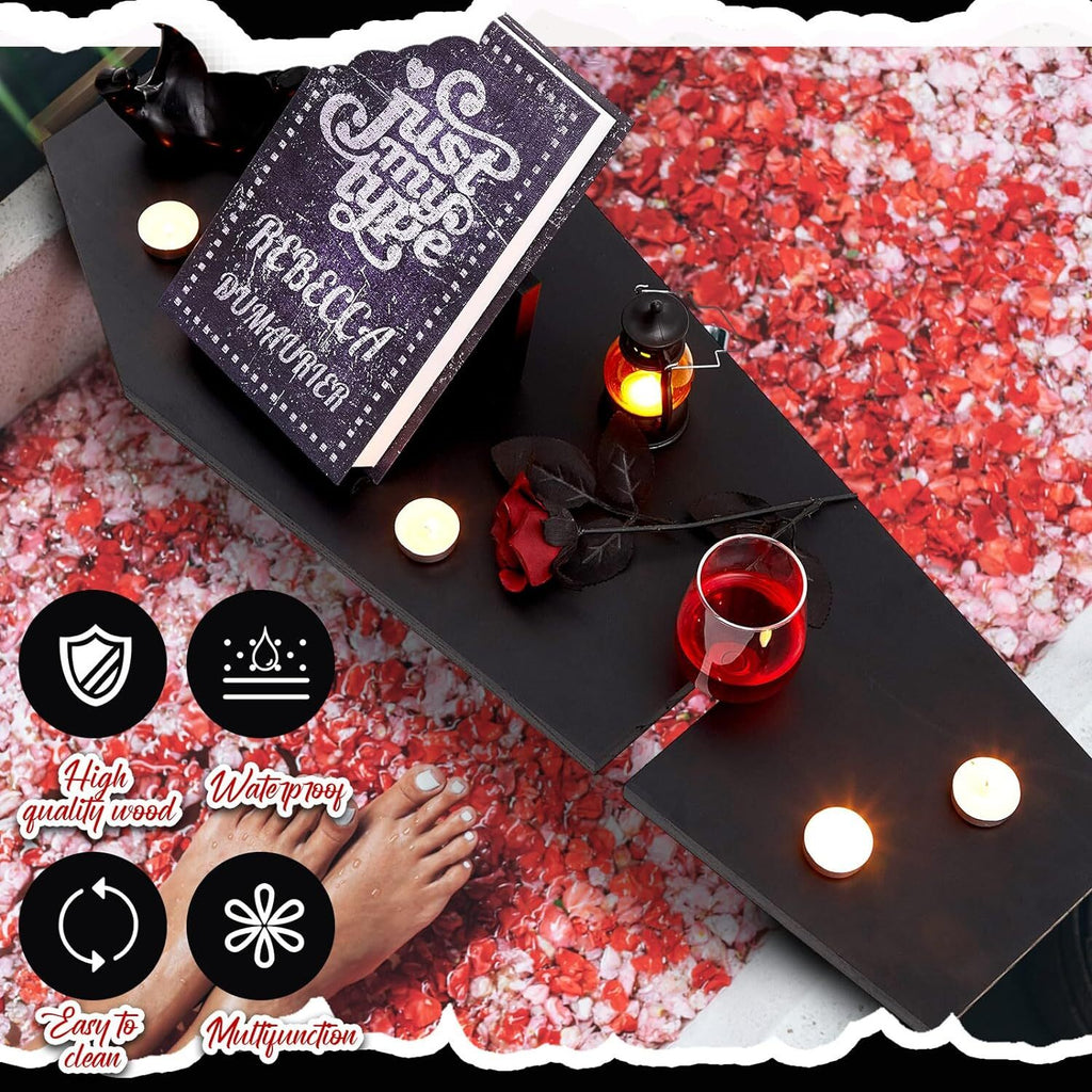 Halloween Coffin Bath Tray with Wine Notch and Book Holder - Black