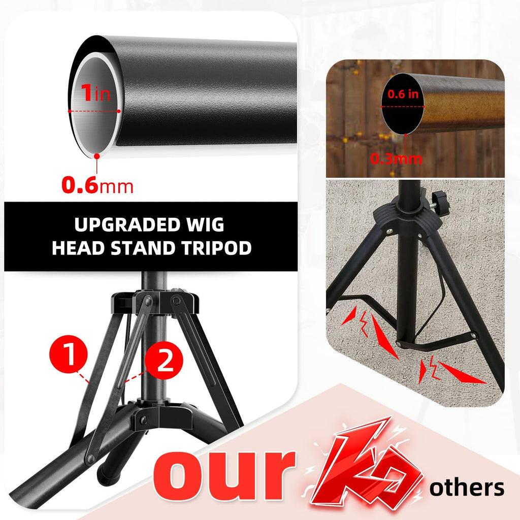 Adjustable Wig Head Stand Tripod with Tool Tray - Mannequin & Salon Use