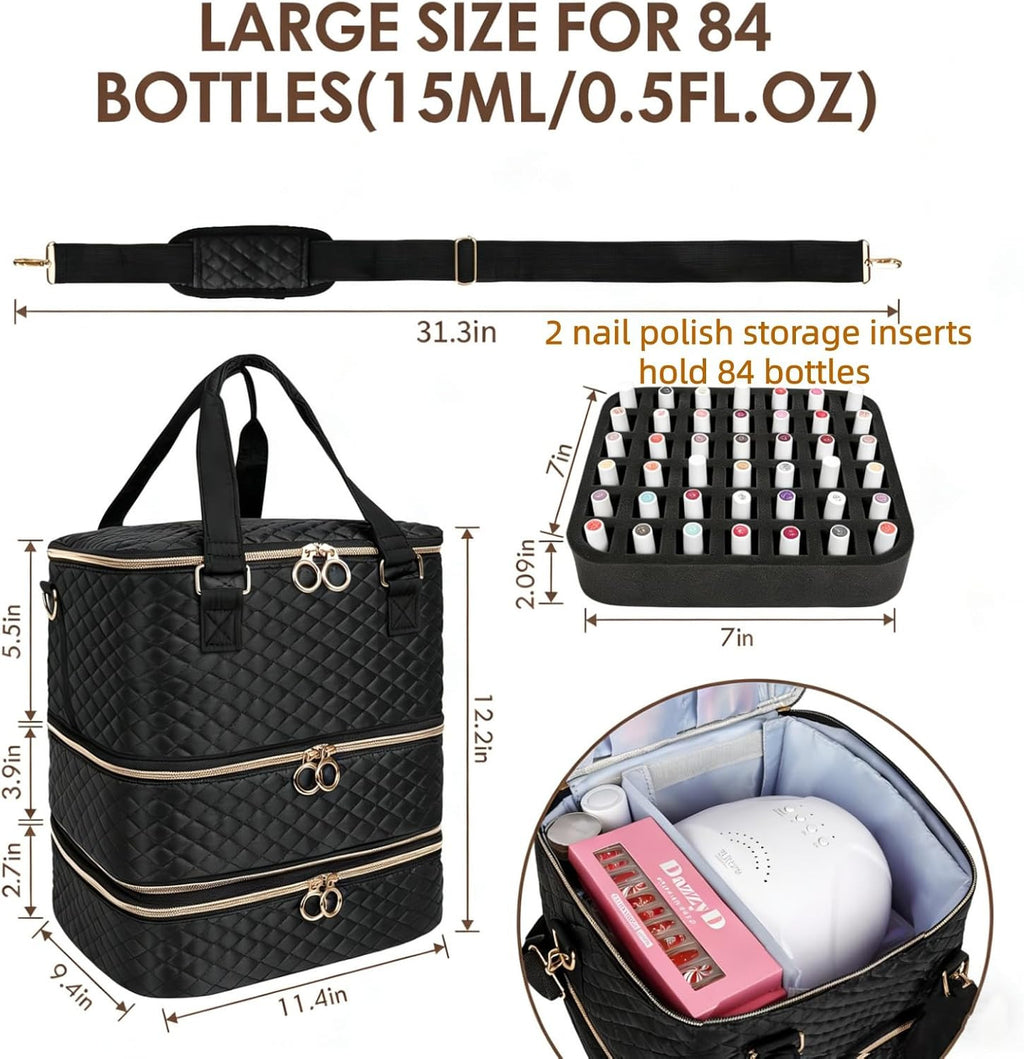 Nail Polish Organizer Bag 3-Layer Travel Nail Kit Storage Case Holds 84 Bottles
