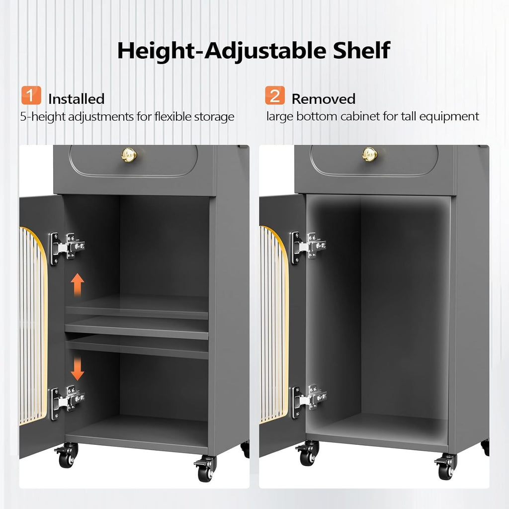 Salon Trolley Cart with Glass Door & Adjustable Shelves for Barber & Beauty Spa