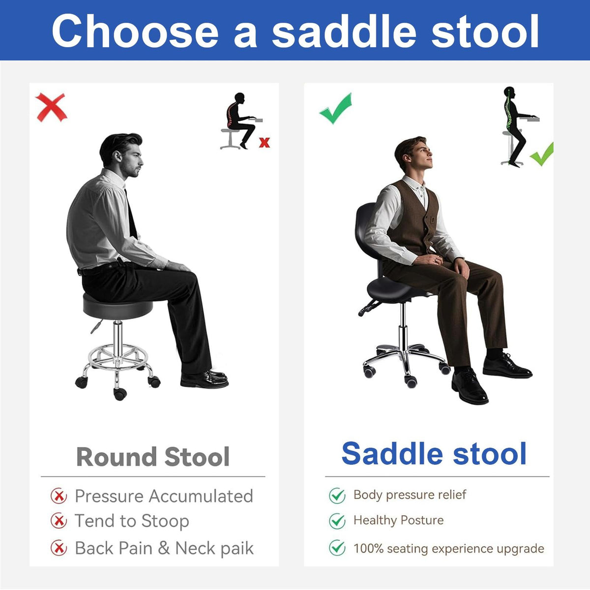 Adjustable Saddle Stool with Back Support for Salon & Clinic Use