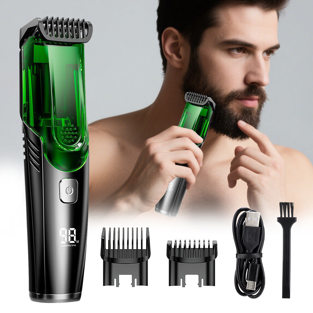 Rechargeable Vacuum Beard Trimmer for Men, Waterproof, Adjustable Length