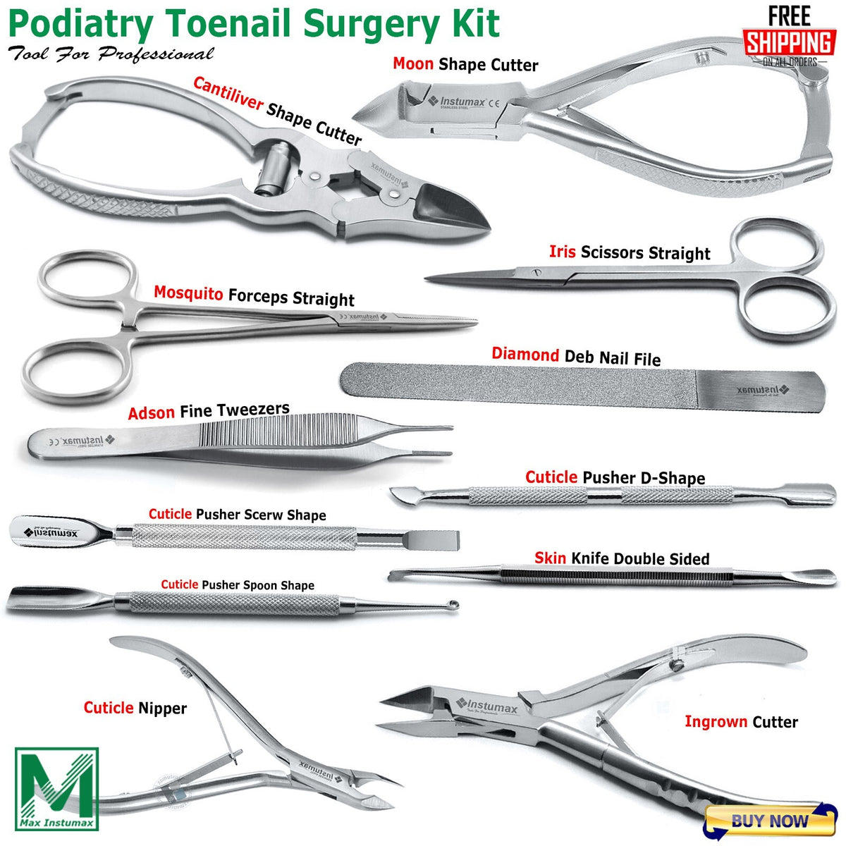 Professional Podiatry Nail Surgery Instruments Kit for Toenail Removal - 12PCS