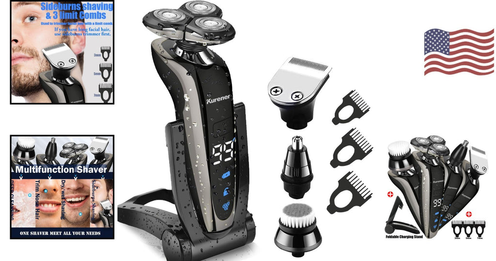 Rechargeable Waterproof 4-in-1 Electric Shaver with Nose Trimmer & Grooming Kit