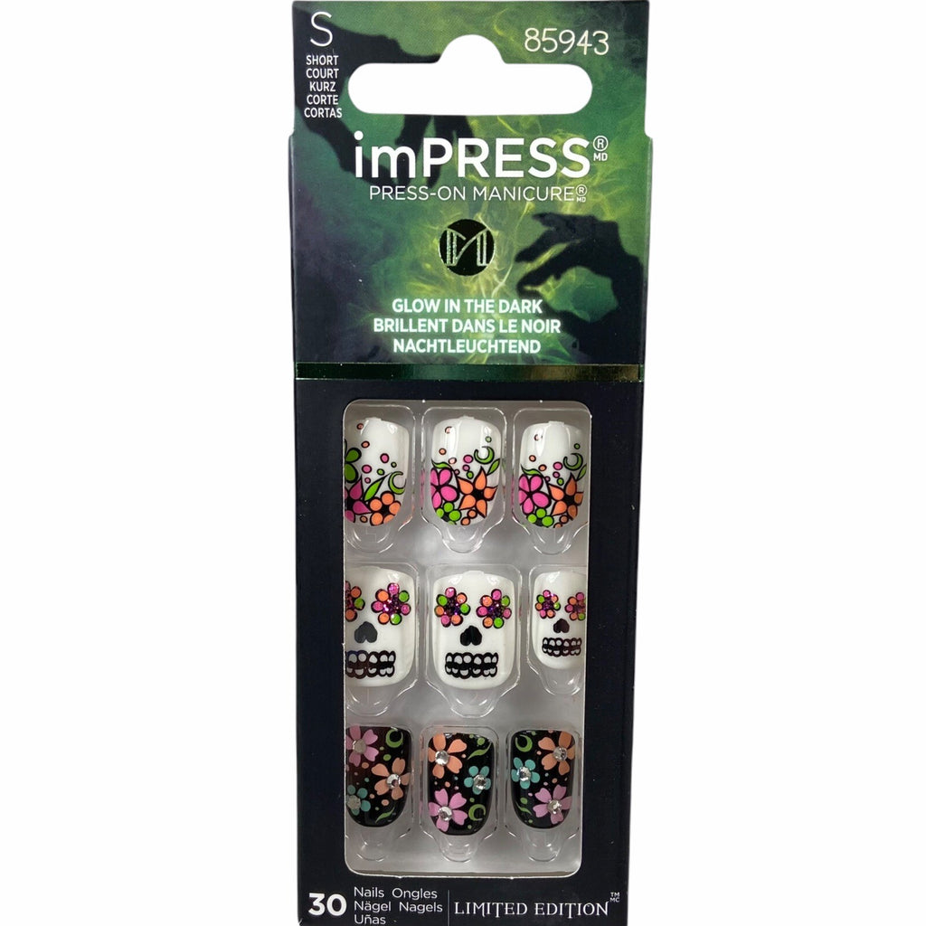 Short Gel Press On Manicure with Sugar Skull Floral Halloween Design