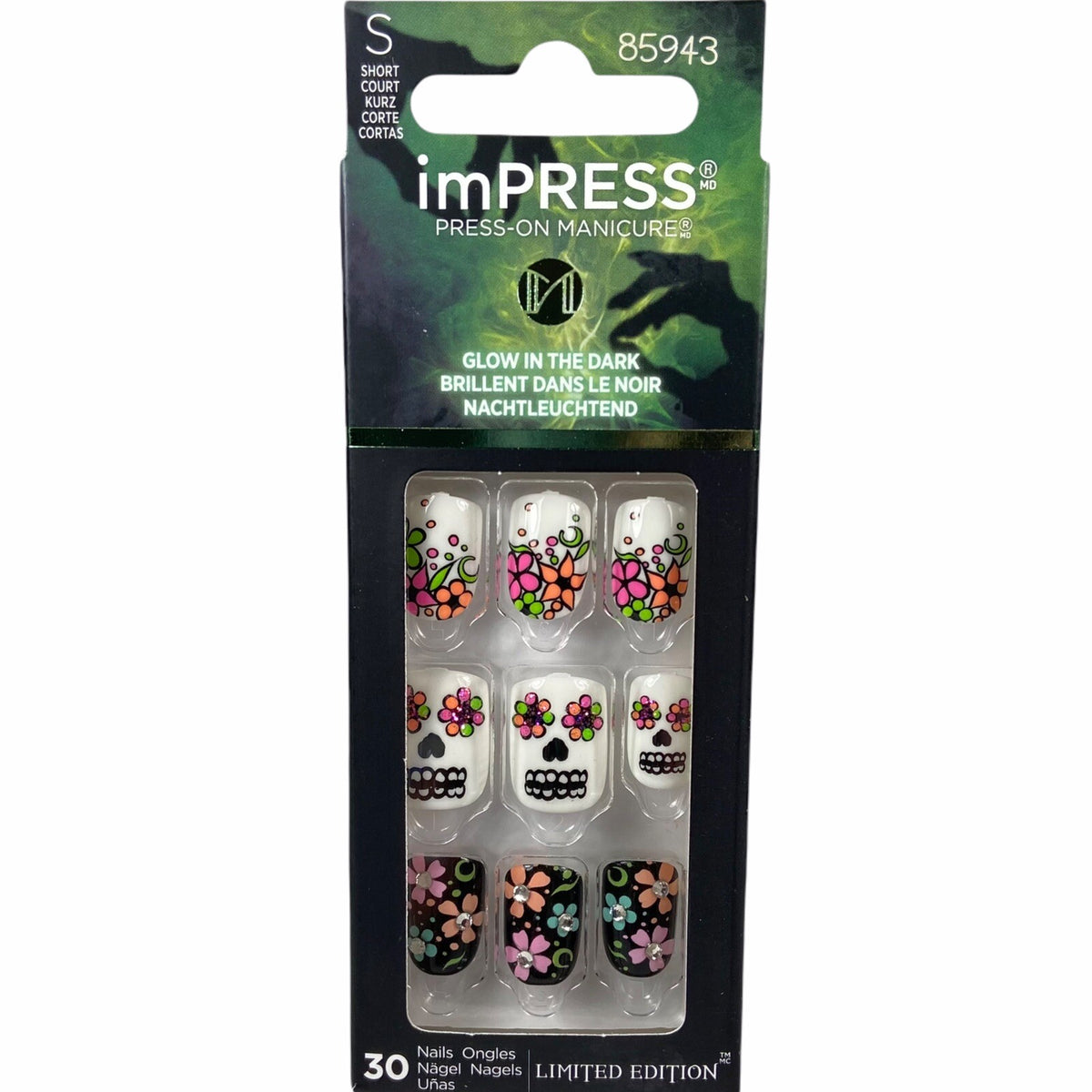 Short Gel Press On Manicure with Sugar Skull Floral Halloween Design