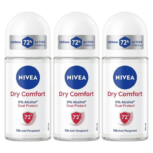 NIVEA Dry Comfort Roll-On Deodorant Pack - 72H Anti-Perspirant, Alcohol-Free, 3 x 50ml