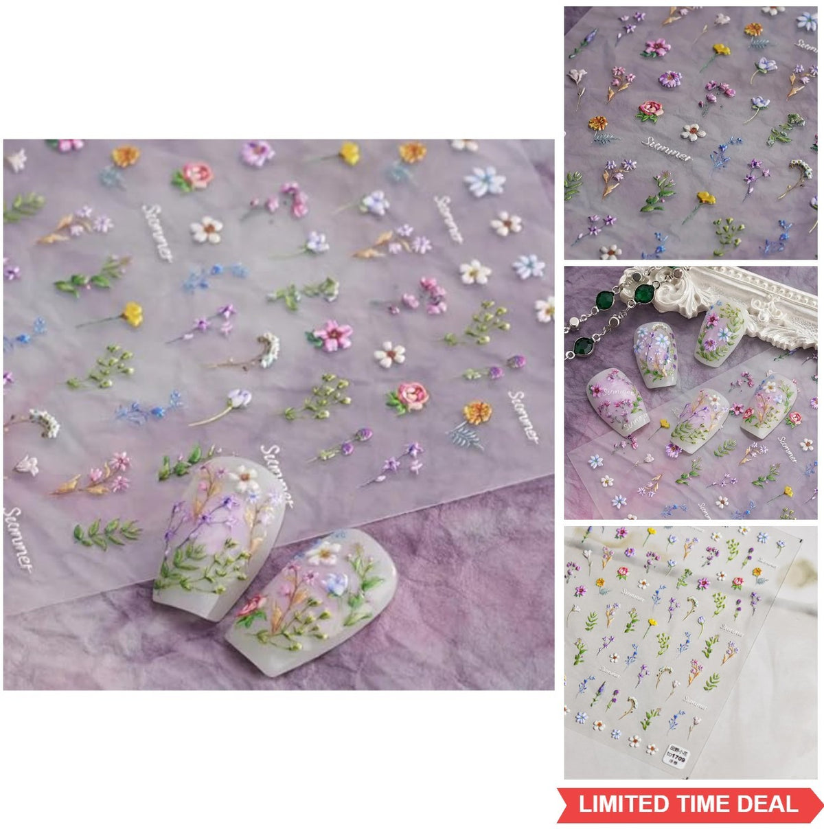 Summer Floral Nail Stickers - 3D Embossed Self-Adhesive Decals for Nails