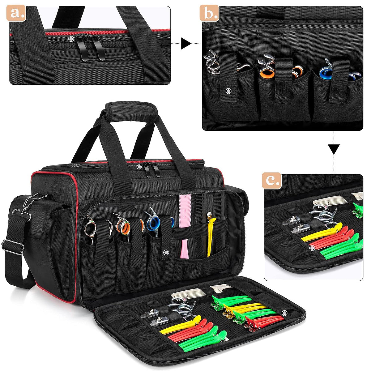 Travel Hairdresser Bag with Adjustable Dividers and Multiple Pockets - Black