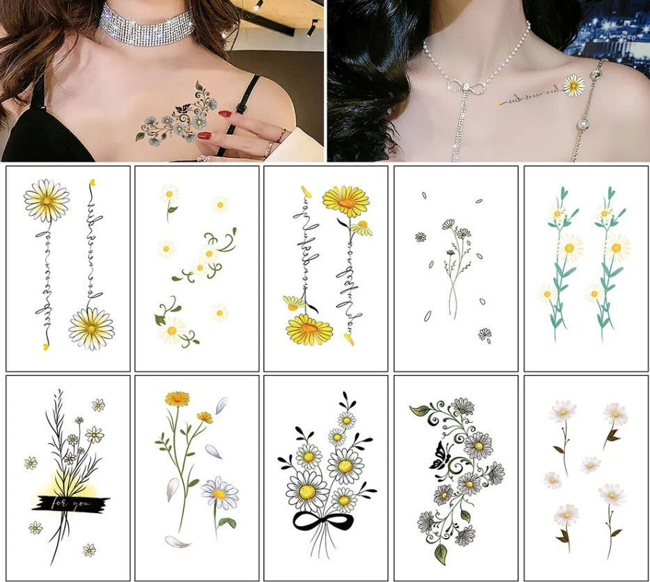 Daisy Tattoo Set 10 Sheets - Waterproof Temporary Face and Body Art