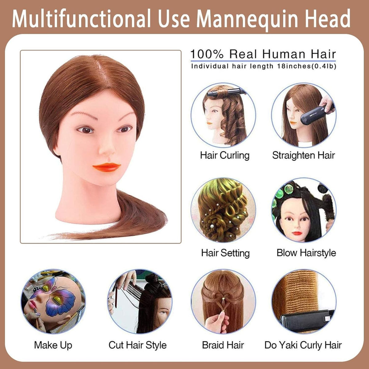 Mannequin Head with 100% Human Hair for Hair Styling Practice - Dark Brown