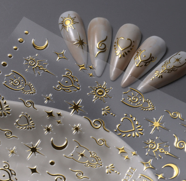 Retro Star Moon Metallic Nail Stickers - Gold Silver Laser 3D Nail Art